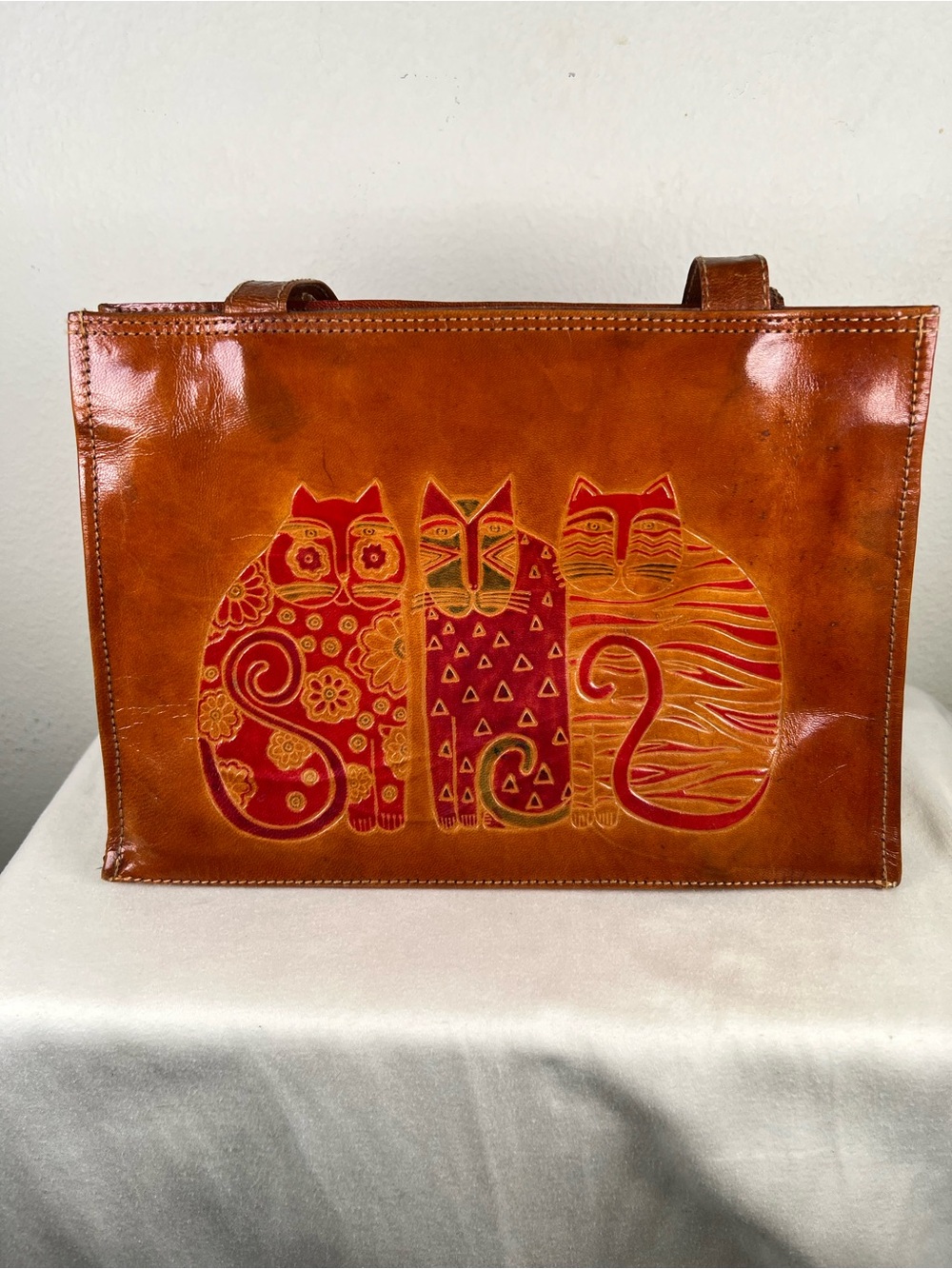 Vintage Laurel Burch Brown Leather Three Cats Tooled Leather Purse